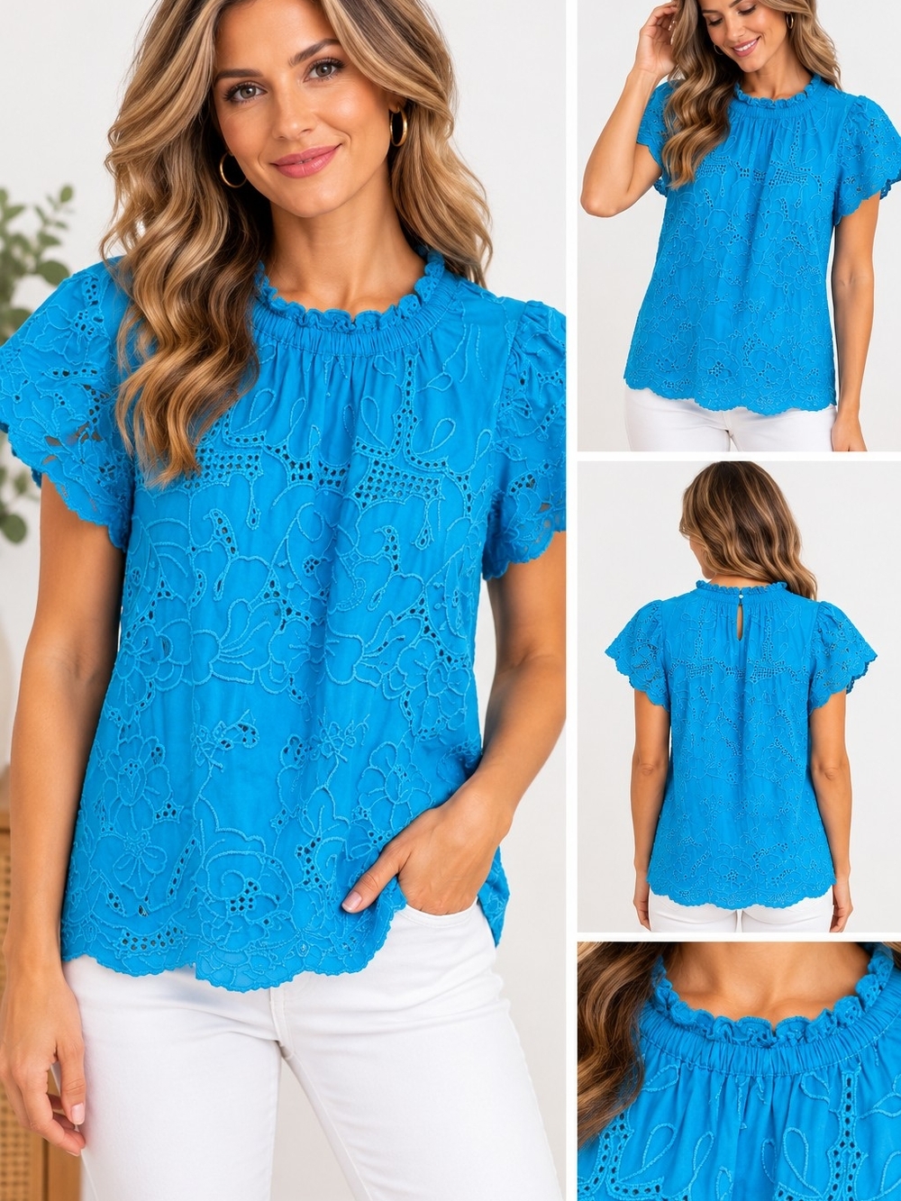 Women's Eyelet Ruffle Neck Short Sleeve Top - Bright Blue Sz Small